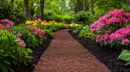Obraz premium A quaint garden path bordered by fragrant flowering shrubs, providing a sensory experience in nature.