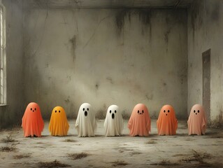 Supernatural Halloween party filled with ghostly goblin like guests in a chilling haunting abandoned manor setting with an unsettling foreboding ambiance dramatic lighting