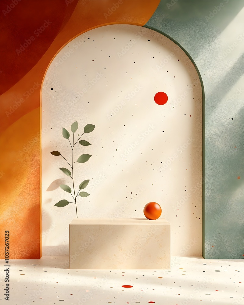 Poster minimalist 3d interior with terrazzo flooring and walls empty product display stand dramatic lightin
