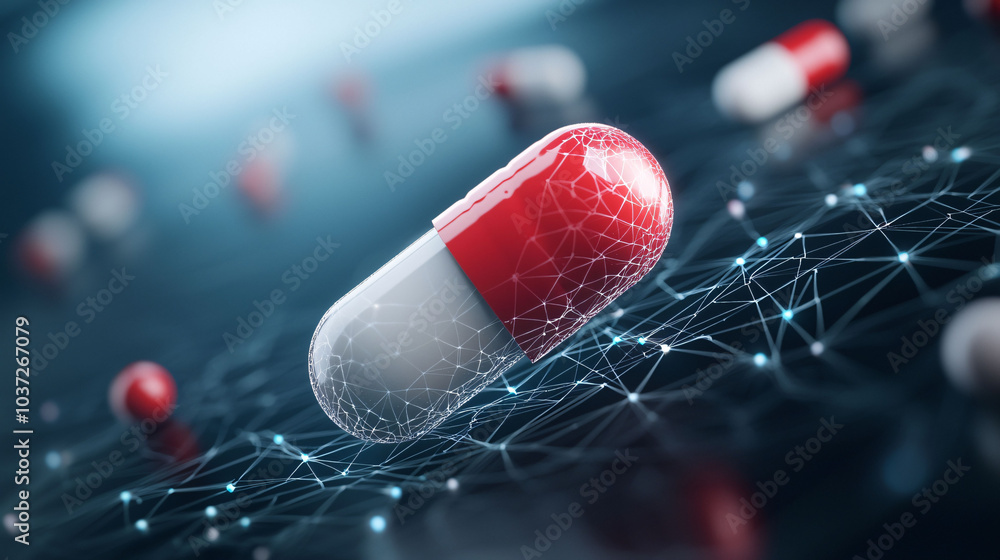 Poster digital representation of pill floating above network of interconnected nodes, symbolizing health an