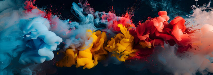 Black background, colorful smoke and paint explosion, blue, red, yellow, and pink color palette, liquid explosion, liquid paint, paint splash,