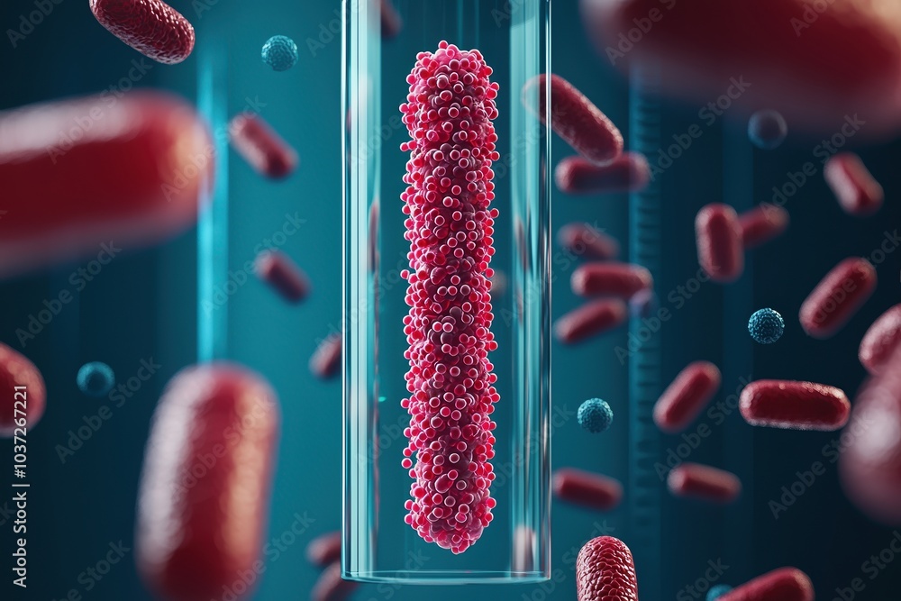 Poster close-up view of bacteria in a lab environment with vibrant colors and molecules surrounding the tes