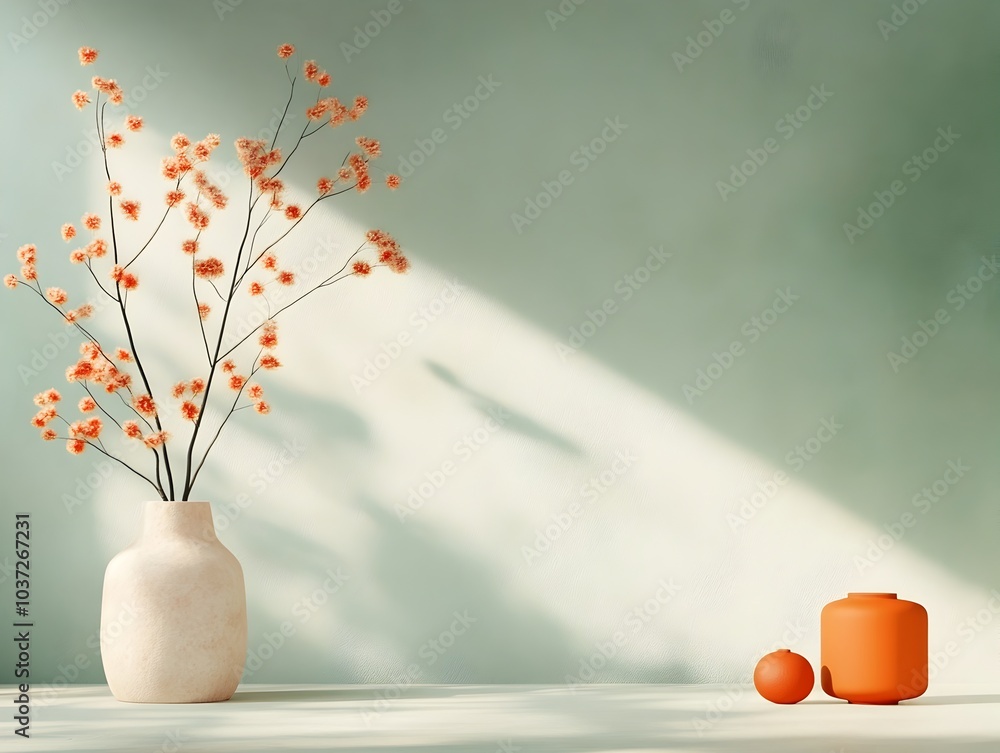 Poster minimalist 3d studio setting with empty space line art wall decor and natural light casting shadows 
