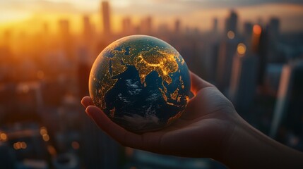 Hand Holding Illuminated Globe Against Cityscape at Sunset