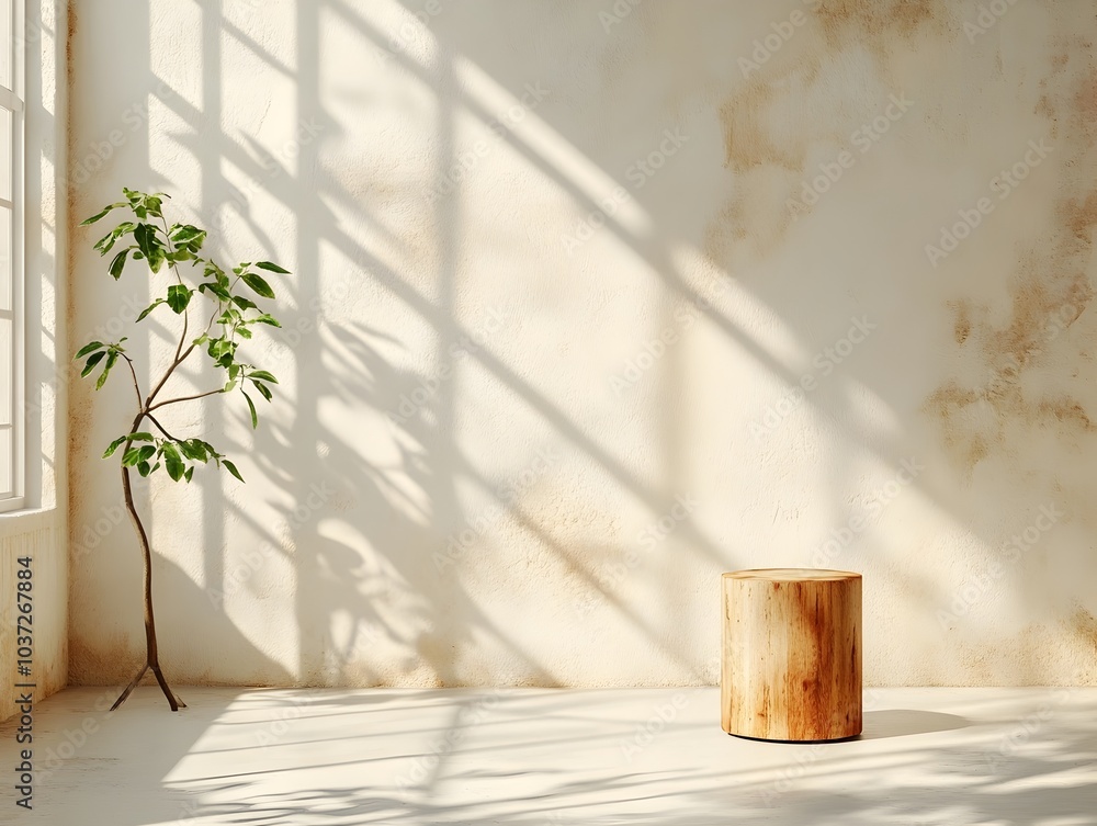 Poster minimalist 3d studio setting with rustic wood paneled walls empty spacious floor product podium cast