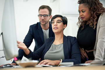 Business people, coach and computer with team for staff training, software or corporate development...