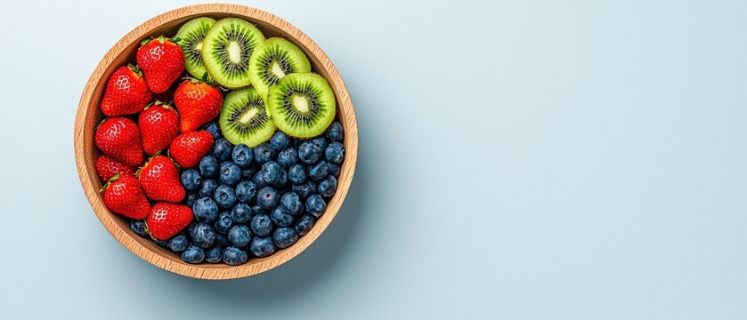 Colorful bowl of fresh fruits: strawberries, blueberries, and kiwi on a light blue background.