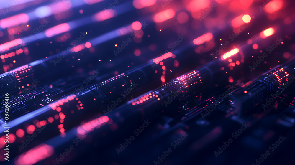 Poster abstract futuristic glowing circuit lines with red and black colors, dynamic tech-inspired design, d