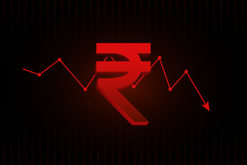 Obraz premium Lowering of the rupee neon. Rupee down symbol. Money down icon set. Prise low arrow sign in vector flat style 