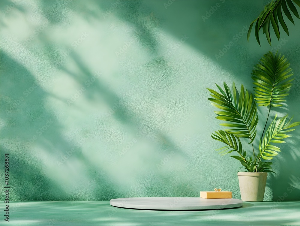 Poster Minimalist 3D studio space with verdant botanical backdrop empty floor and wall featuring product podium naturalistic shadow play from window digital mockup