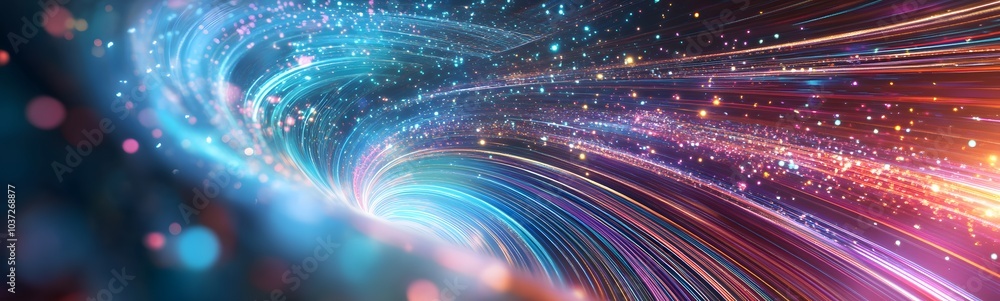 Aufkleber a vibrant, swirling cosmic illustration showing luminous particles and light trails in a dark space,