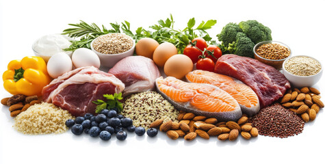 Fresh protein rich foods including meats, fish, eggs, and nuts arranged beautifully. This vibrant...