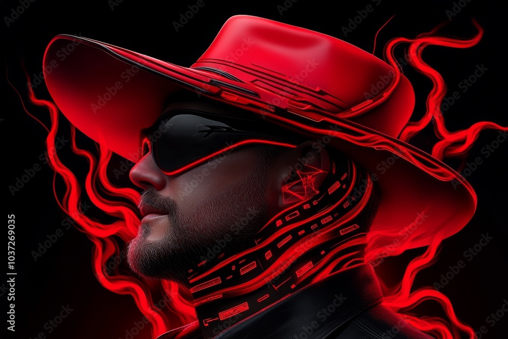 Poster Black hat hacking, illustrated in a gothic scene, with sinister digital elements and dark, twisted lines of code surrounding the hacker