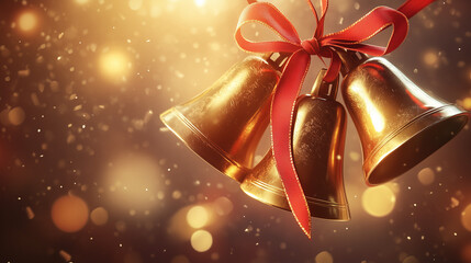 Three golden Christmas bells with red ribbon against glowing bokeh lights