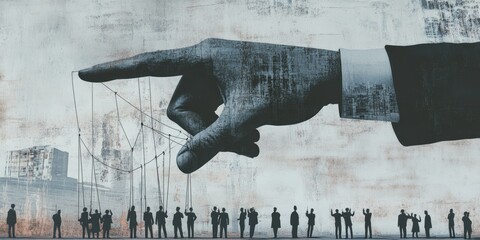 Giant hand of a man in business suit holding string connecting to people, showcasing manipulation, pressure and control of society. Contemporary art. Propaganda, information, social pressure. 