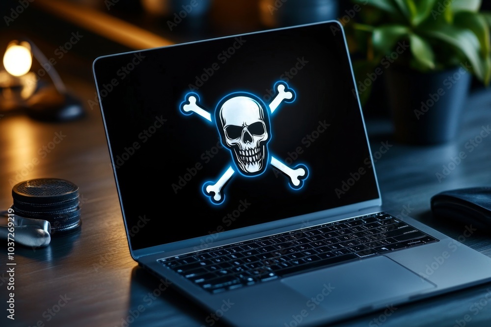Poster black hat hacking, represented with a laptop screen showing a skull and crossbones icon, indicating 