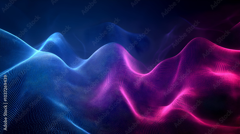 Poster abstract glowing wave pattern with blue and pink gradient, flowing curves and light effects, futuris