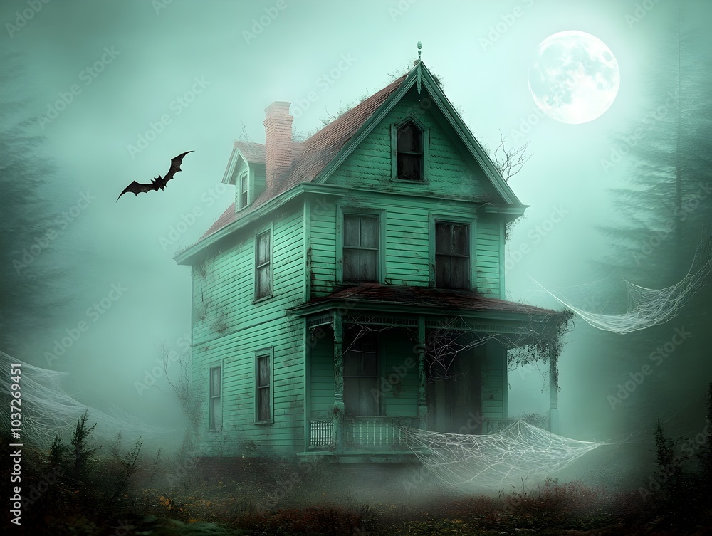 Poster dilapidated victorian style haunted house shrouded in shadows and cobwebs with a full moon casting a