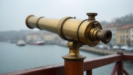 Vintage brass telescope on weathered tripod overlooking serene harbor