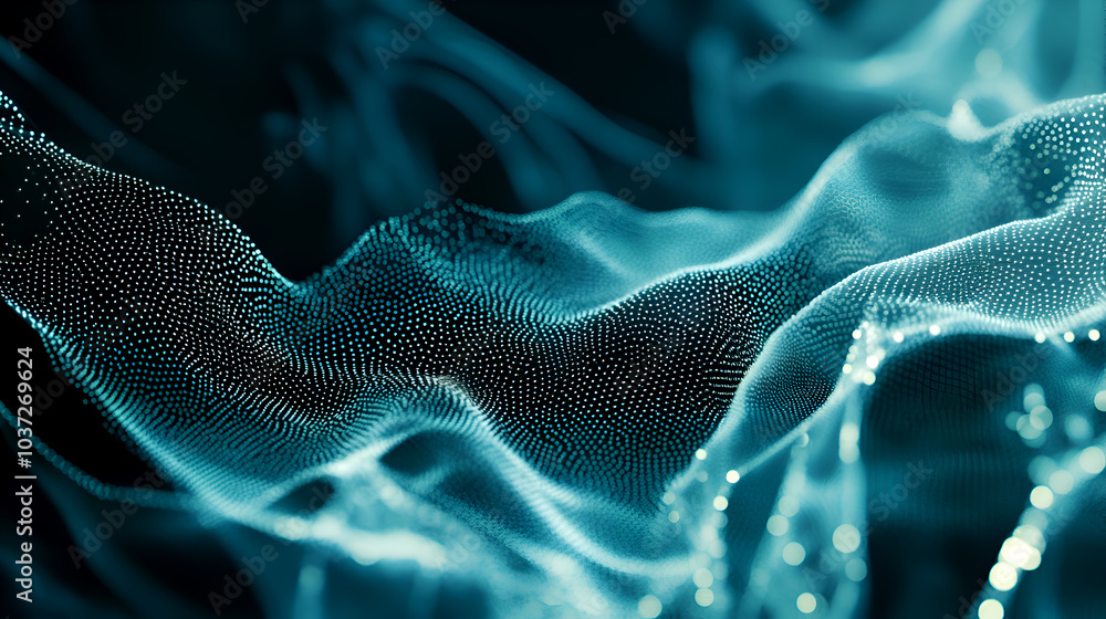 Poster abstract flowing blue mesh with delicate texture, futuristic 3d render of wavy translucent fabric, d