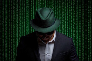 Black hat hacking, visualized with a single black silhouette of a hacker on a minimalist digital background of green binary code