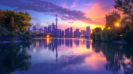 Obraz premium Vibrant cityscape reflecting in tranquil water under a dramatic, colorful sunset sky with modern buildings