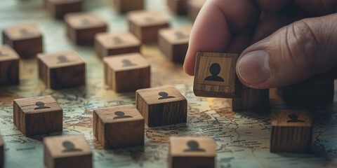 A hand places a wooden block with a person icon on a map, symbolizing strategy, human resources, or workforce distribution on a global scale