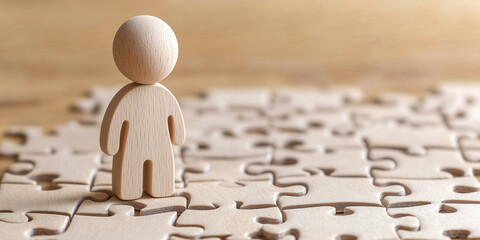 A wooden figure stands on unfinished puzzle pieces, symbolizing problem-solving, individuality, and finding one's place.