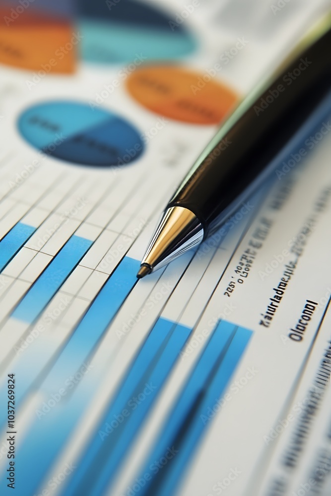 Poster A close-up of a pen poised over a colorful bar graph and pie chart, highlighting data analysis in a professional report.