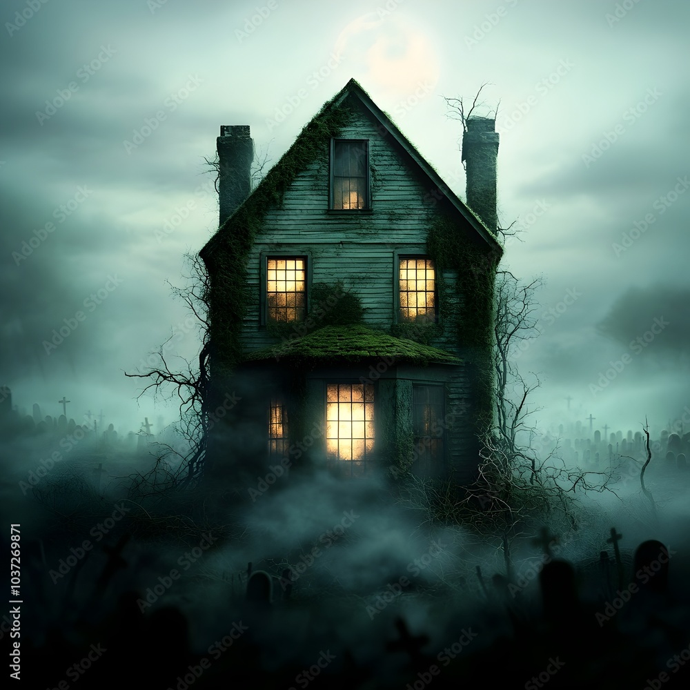 Poster foreboding moss covered haunted house looming in the night its windows illuminated by an unearthly g