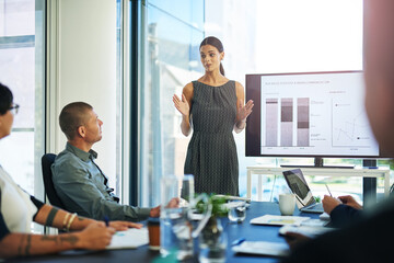 Woman, boardroom and statistics on screen for presentation, report and feedback as finance analyst....