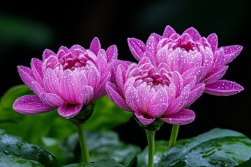 Naklejka premium Chrysanthemum blooms drenched in morning dew, their petals glistening in the soft light of dawn