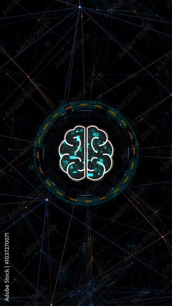 Poster motion graphic of blue digital brain logo with circle futuristic hud element and orange line connect