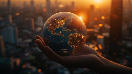 Hand Holding Illuminated Globe Against Cityscape at Sunset