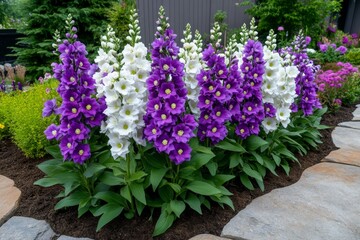 Delphiniums planted along a garden border, their tall, vibrant flower spikes creating a dramatic vertical accent