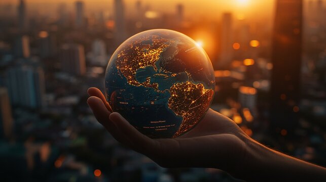 Hand Holding Illuminated Globe Against Cityscape at Sunset