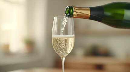 A bottle of champagne is poured into a wine glass