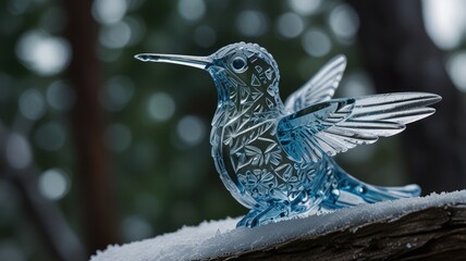 Naklejka premium A delicate blue glass hummingbird figurine perched on a snow-covered log, with a soft green bokeh background.