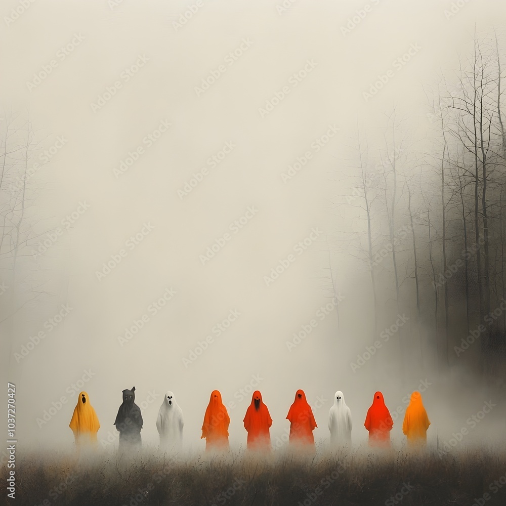 Poster surreal and impressionistic scene of a halloween party with ghostly guests monstrous entities and om