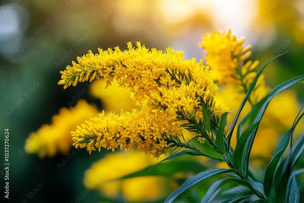 Poster goldenrod flowers growing wild in a field, with soft light filtering through the trees