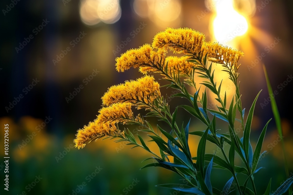 Poster goldenrod flowers growing wild in a field, with soft light filtering through the trees