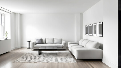 Fototapeta premium Minimalist living room with neutral furniture and modern decor in a bright interior