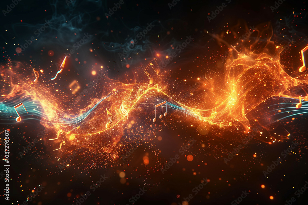 Poster dynamic flow of musical energy: abstract fire and light with floating music notes in a futuristic at