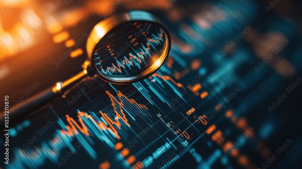 Poster a close-up of a magnifying glass over a digital financial graph with data trends.