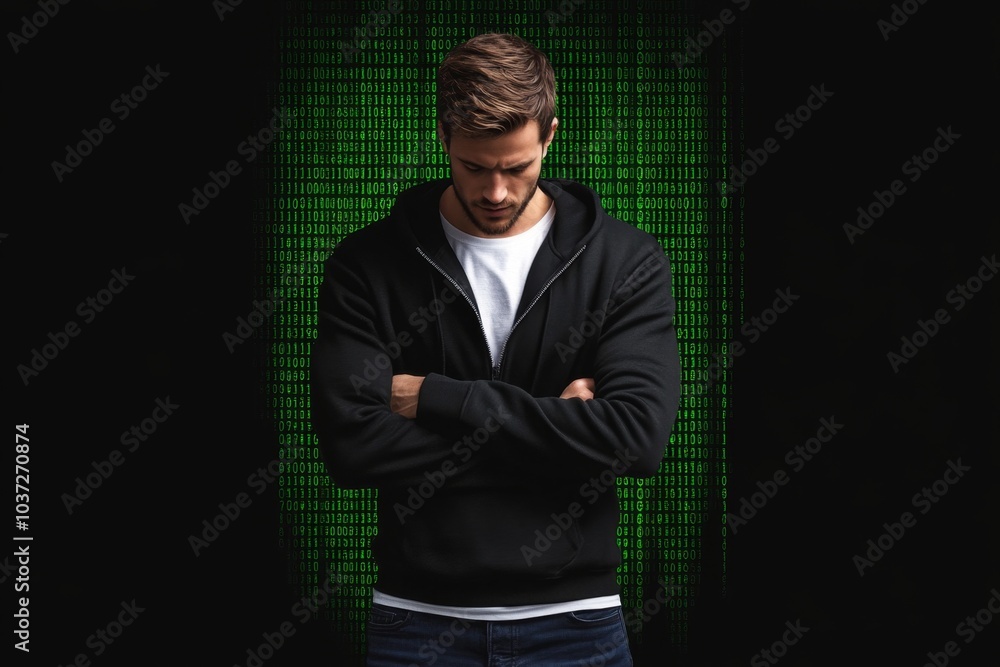 Poster Hacker, displayed in a minimalist, abstract design, sitting in front of a glowing screen with simple lines of green code