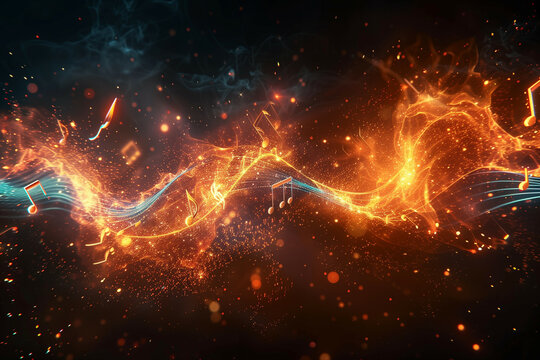 Dynamic Flow of Musical Energy: Abstract Fire and Light with Floating Music Notes in a Futuristic Atmosphere of Rhythmic Motion and Creativity