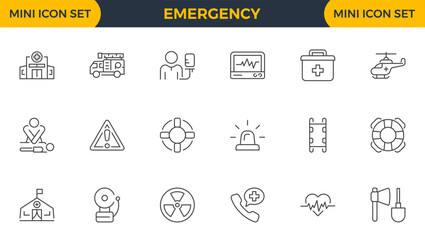 Set of outline icons related to emergency. Linear icon collection. Editable stroke. Vector illustration