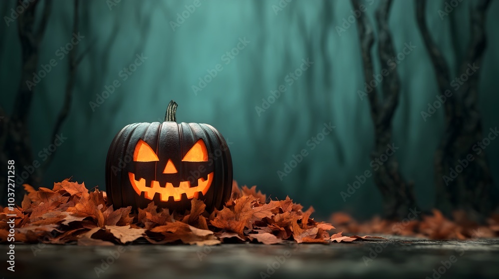 Poster glowing jack o lantern surrounded by a pile of vibrant autumn leaves with a spooky forest of twisted