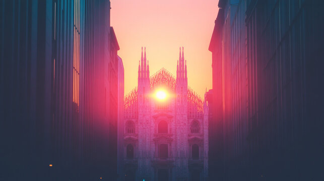 A majestic cathedral bathed in the golden light of the setting sun, framed by tall buildings.