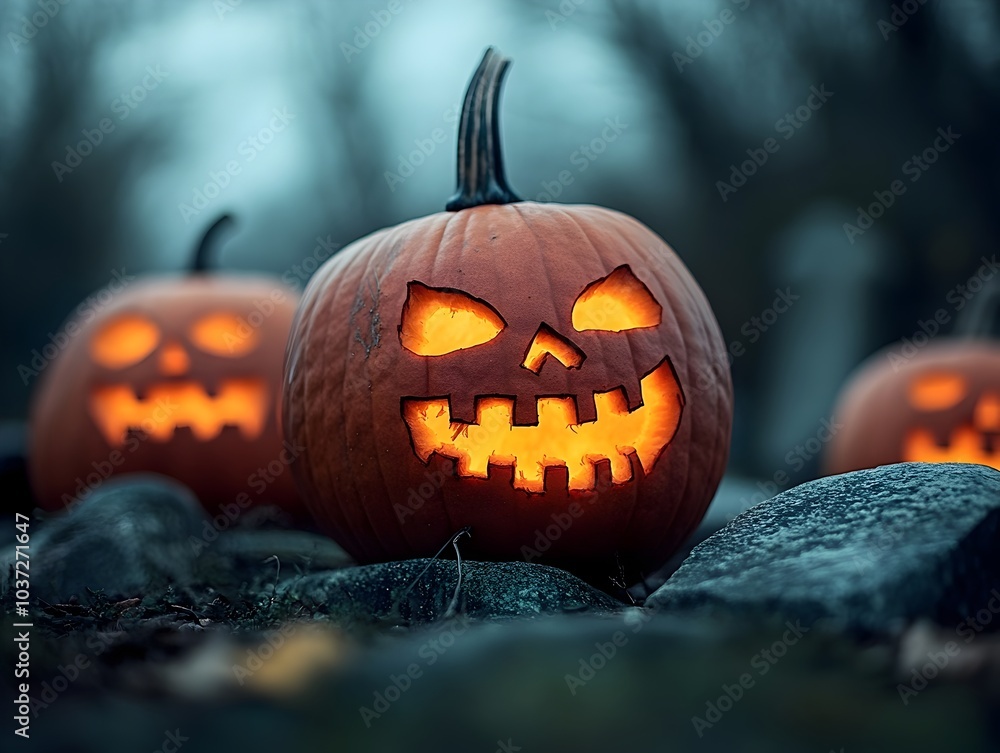 Poster elaborately carved pumpkins with unsettling expressions illuminated from within positioned amidst a 